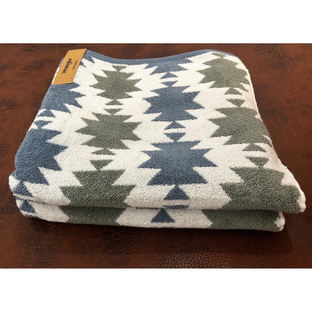 Wrangler Bath Towel Set 2 Pack Southwestern Geometric Blue Green White - Picture 2 of 5